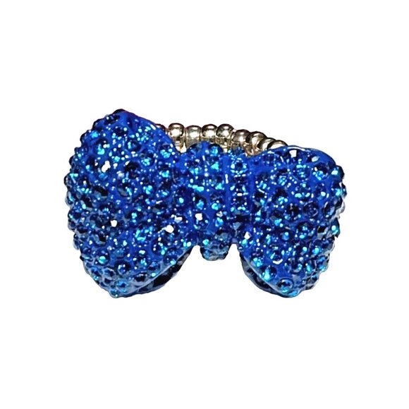 Vintage Cobalt Blue Bow Stretch Ring Enameled Rhinestone Encrusted Silver Tone - Picture 3 of 9